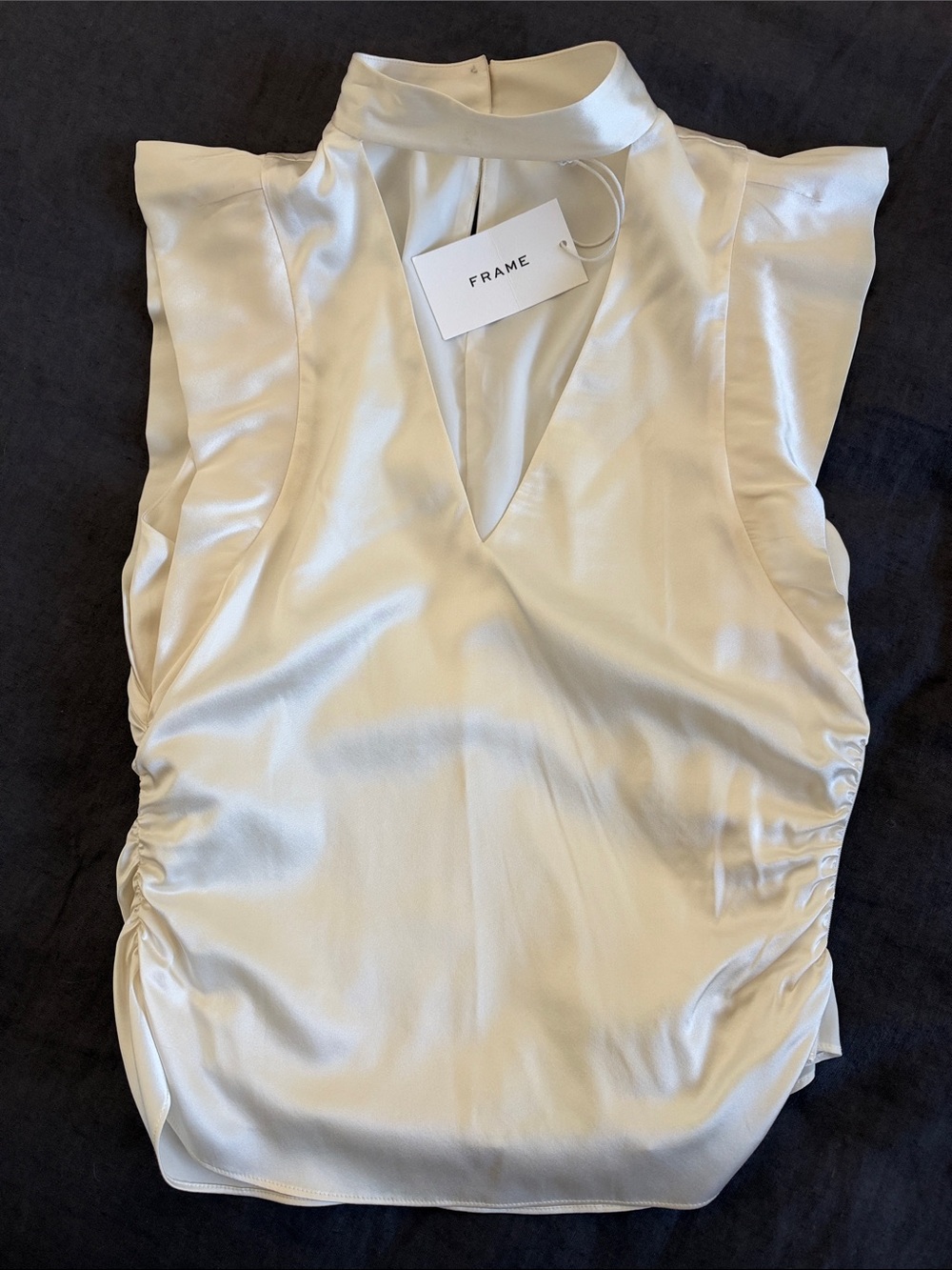 Frame Denim Ivory Satin V-Neck Ruffle Sleeve Top